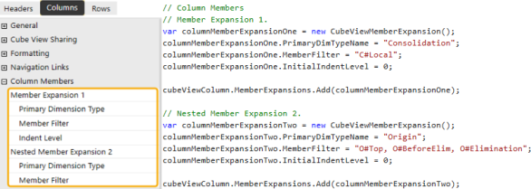The Column properties configured in the Dynamic Cube View Service are the Member Expansion 1 and Nested Member Expansion 2 properties.